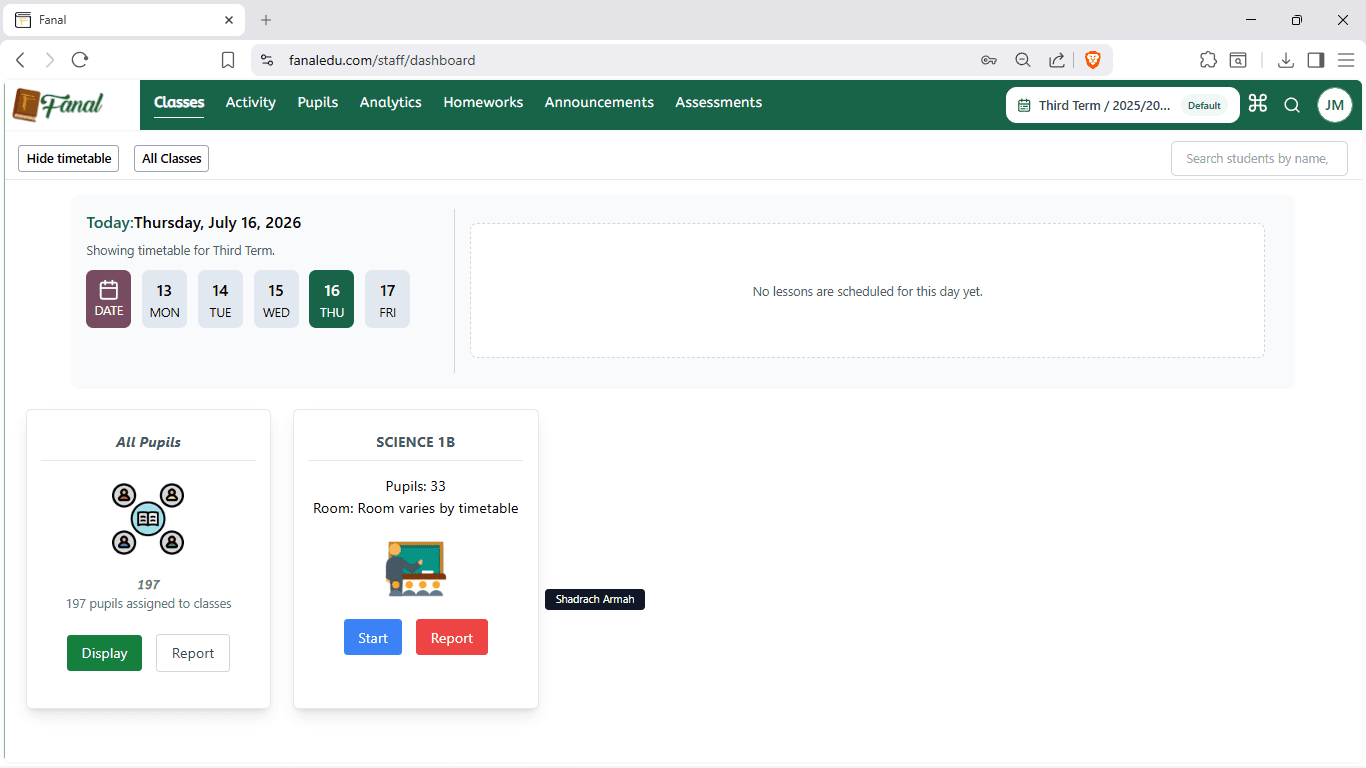 Fanal staff dashboard showing a timetable, pupil overview, and assigned class