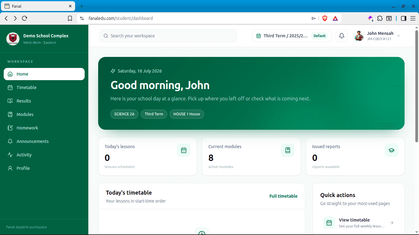 Fanal student dashboard showing school-day information, modules, reports, and quick actions